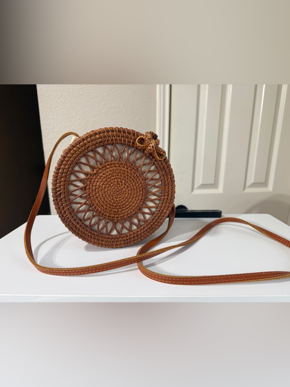 Woven Hard Round Crossbody Bag in Brown